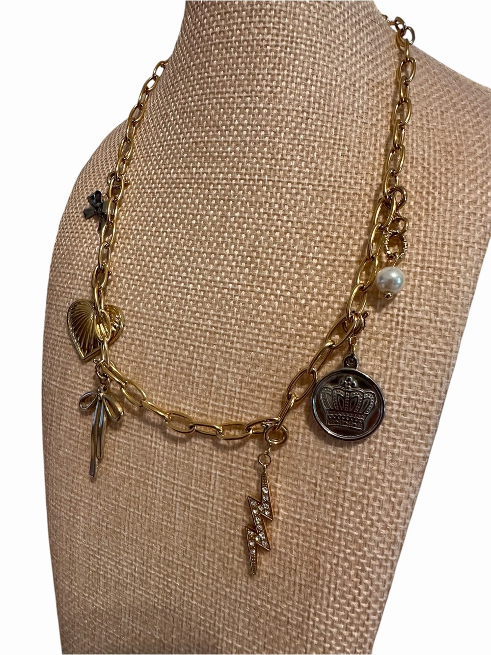 Plunder Gold-Tone Charm Necklace with Pearl, Crown and Lightning Charms